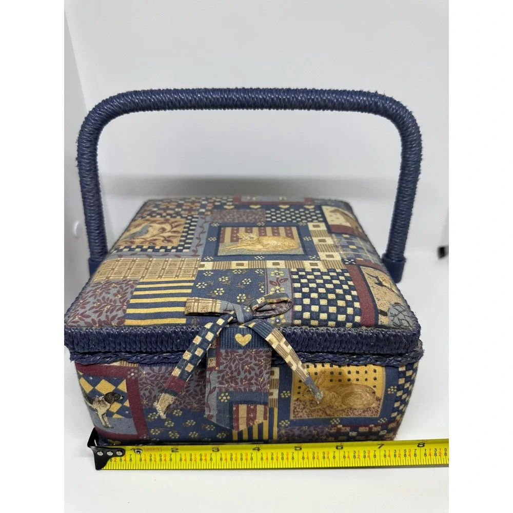 VTG Dyno Merchandise Sewing Basket Blue Tapestry Animal Patchwork Handle 9001